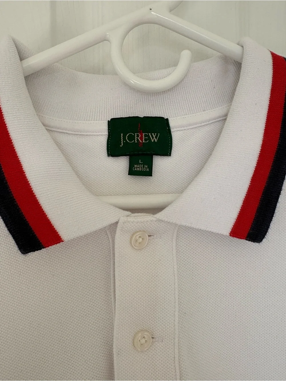 J. Crew White Polo with Red and Black Stripe Collar